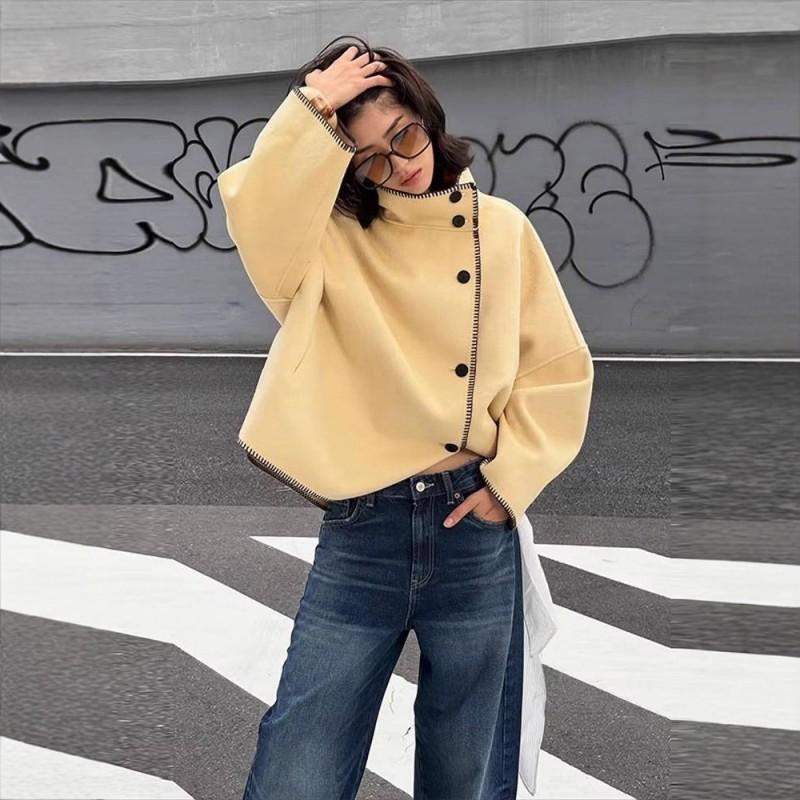 Womens Fashion Stand Collar Single Breasted Loose Wool Blend Coat Irregular Hem Shawl Outerwear Streetwear