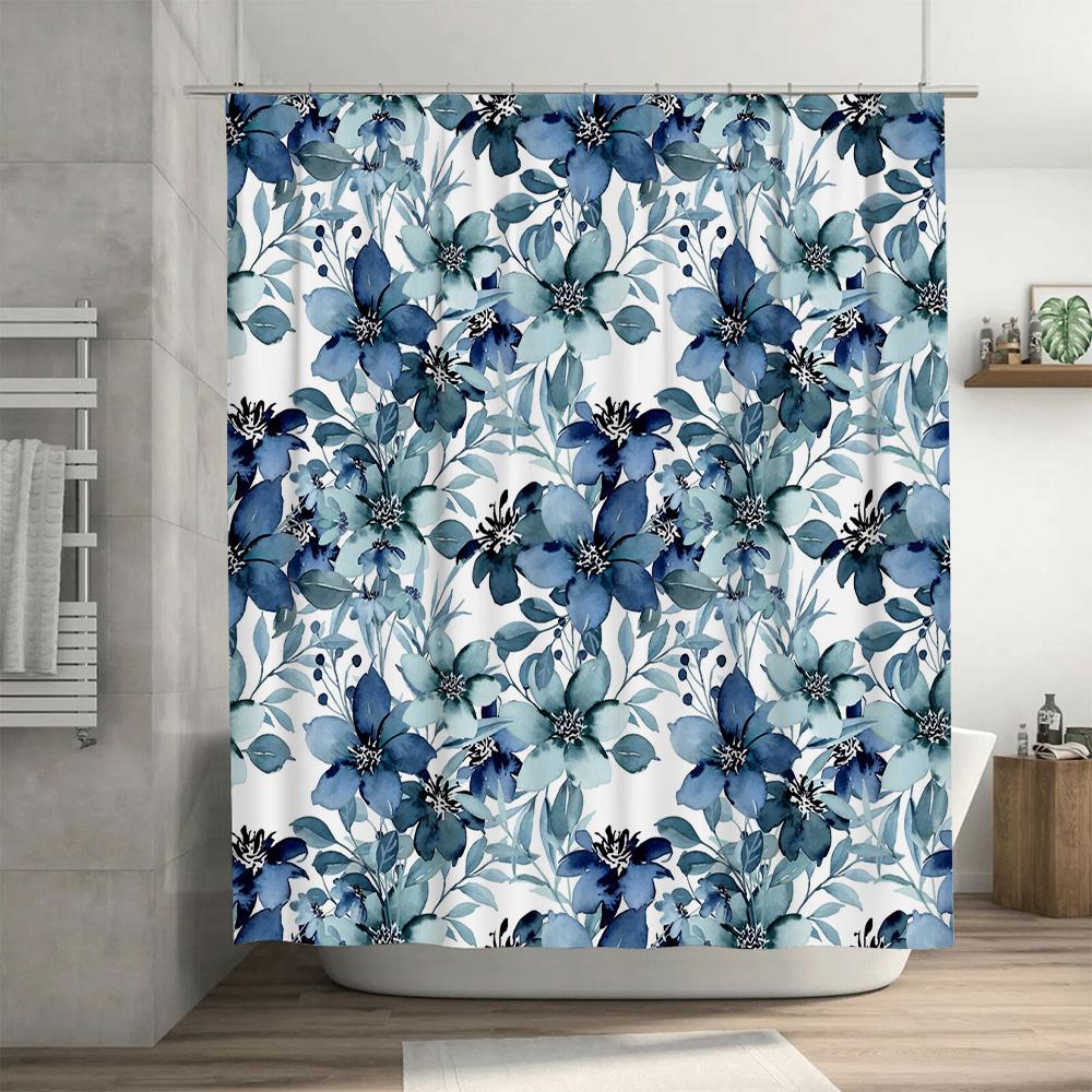 Handmade shower curtain with navy blue flowers pattern for bathroom decor waterproof fabric for bathtub area