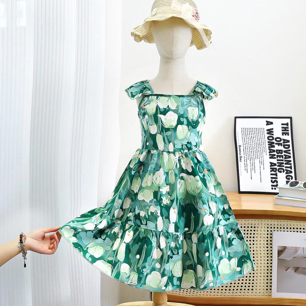 Girls' Floral Princess Dress - Fresh Mori Style with Thin Straps
