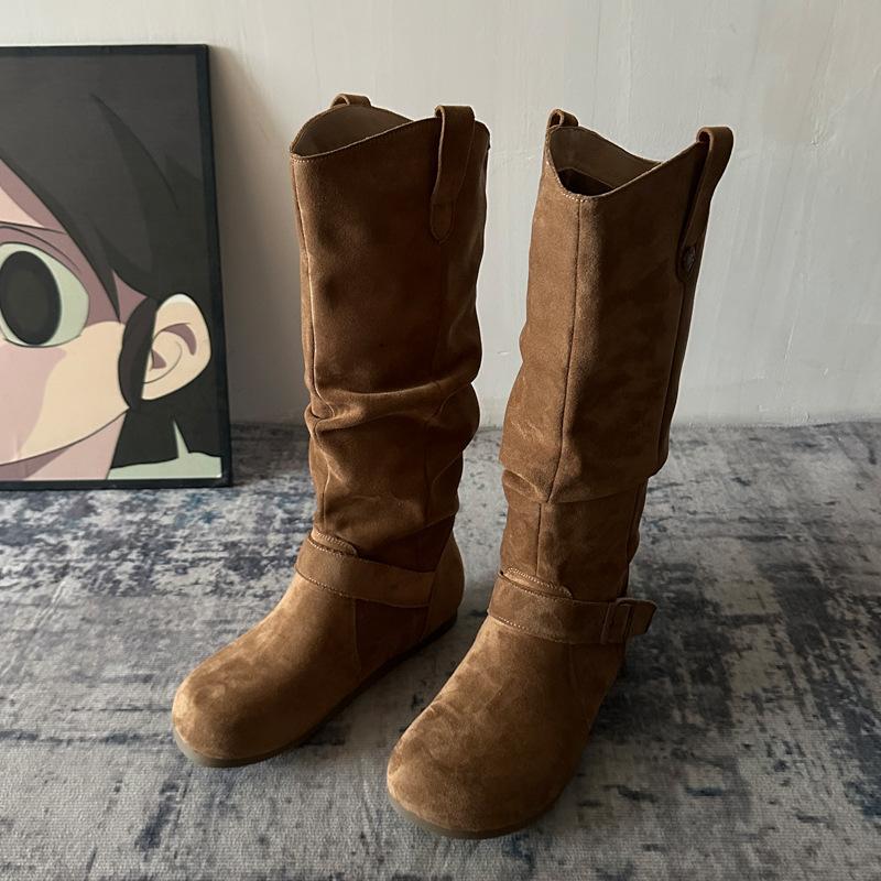 

Руодан Биркен Ботинки Женские Осень 2025 Новые Но До Колена Узкие Ботинки Внутреннее Увеличение Высоты Складки Наборные Ботинки 40 коричневый
