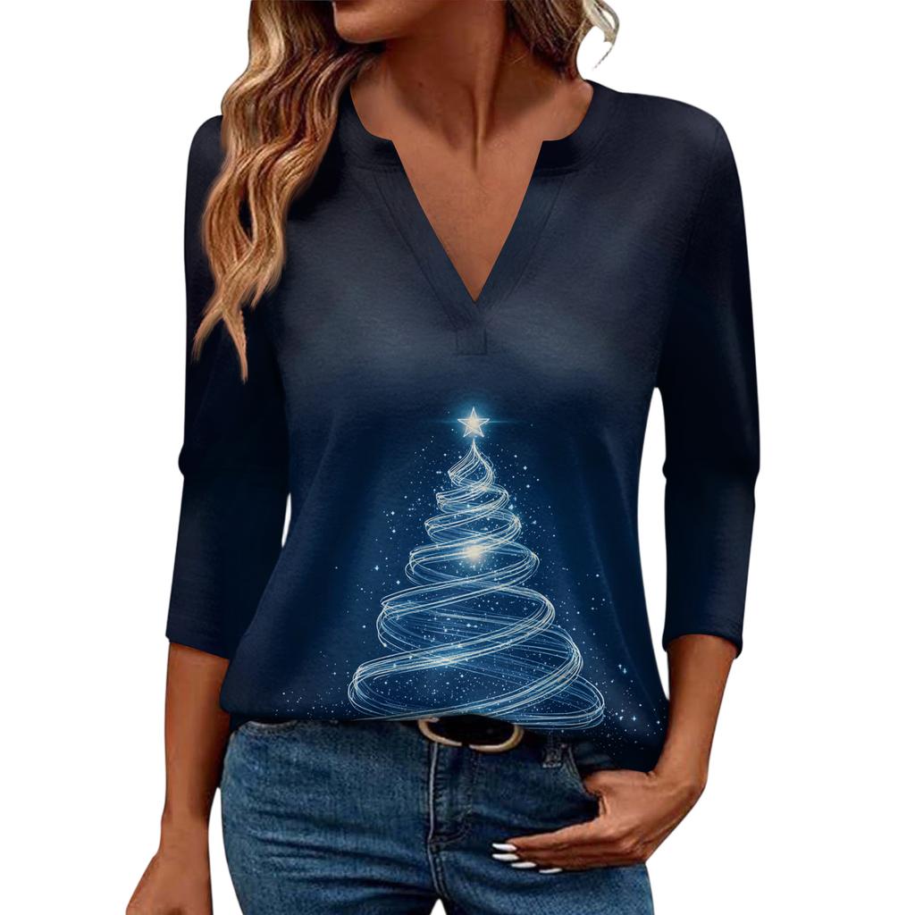 Women's Casual Fashionable Sexy Comfortable V-Neck Christmas Three-Quarter Sleeve Top