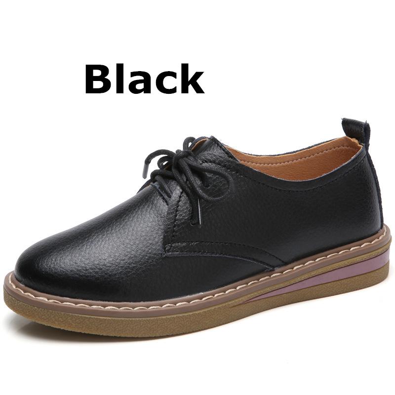 

WOIZGIC Women Casual Shoes Flats Loafers Ladies Female Old Mother Cow Genuine Leather lace Up Pigskin Korean 35-40 SKH-058 35 чёрный