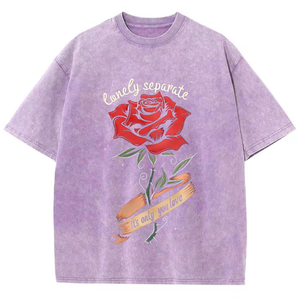 Romantic Rose-Print Women's T-Shirt Washed Fashionable Short-Sleeved Statement Features Oversized Tee Basics
