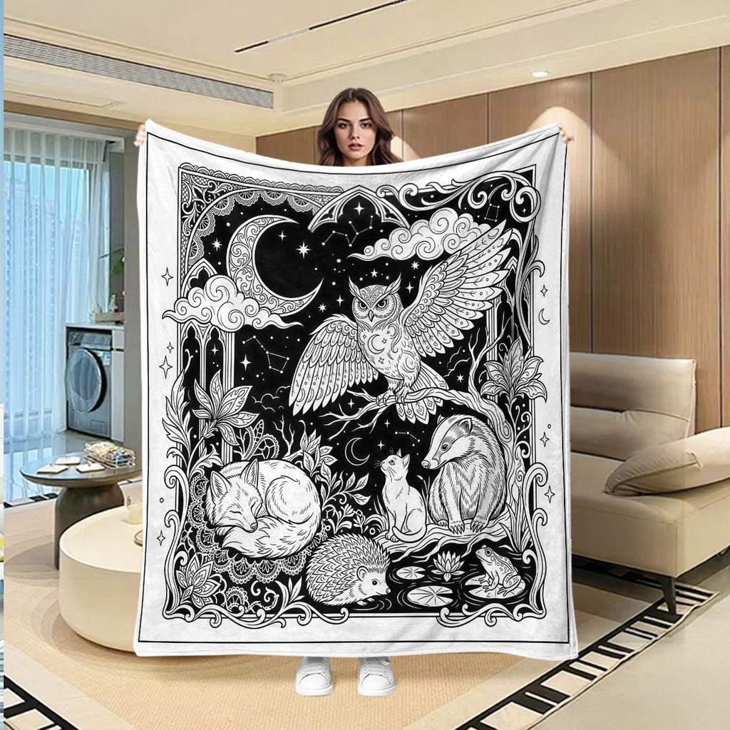 A Hand-painted Coloring Stress-relief Blanket, a DIY Flannel Flannel Sofa Throw with a Vintage Carved Line-art Pattern Featuring Nocturnal Forest Anim