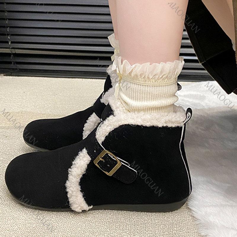 Fashion Winter New Belt Buckle Women Cotton Shoes Casual Flat Bottom Comfortable Botines Padded Outer Velvet Short Snow Boots Females