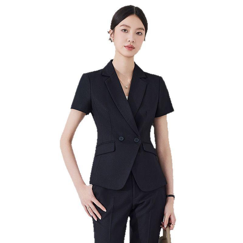 Women's Black Short-Sleeve Professional Suit Set for Summer Reception and Workwear