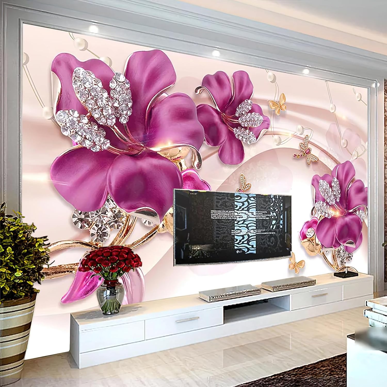 

Purple Jewel Flower 3d Wallpaper Mural European Luxury Diamond Flower Mural Living Room Bedroom Wallpaper 200 cm(W) x 140 cm(H)