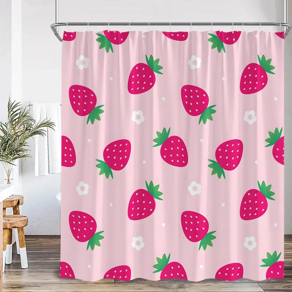 Summer Pink Fruit Shower Curtain Strawberry Cherry Peach Watermelon Shower Curtain Girl Woman Polyester Bathtub Decoration