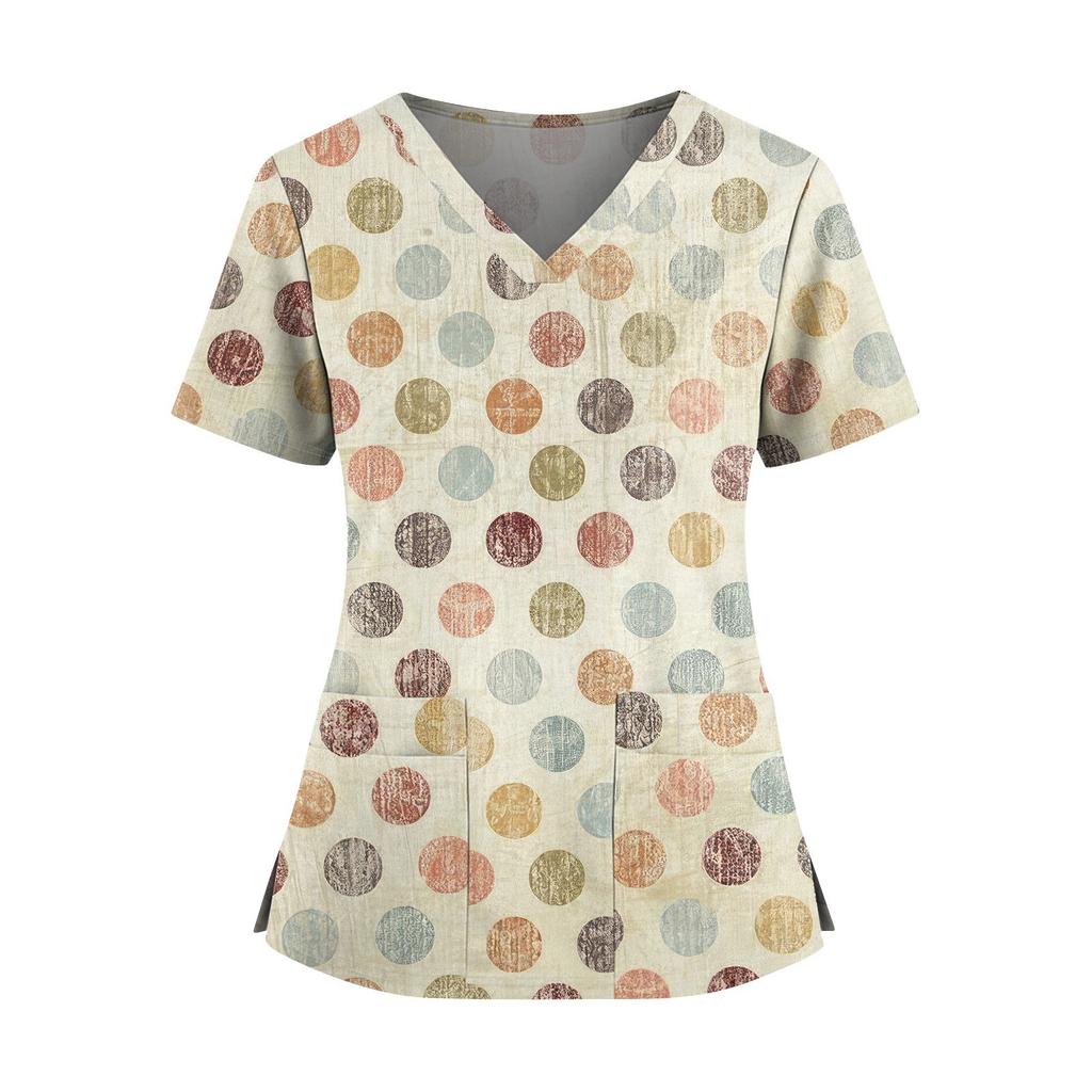 Women's Fashionable Printed V Neck Double Pocket Short Sleeved Shirt With Slit Hem Uniform And Worker Top