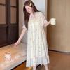 Linglei Summer Printed Lace Bow Mesh Court Princess Style Long Nightdress Pajamas Loungewear Women