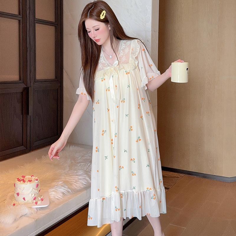 Linglei Summer Printed Lace Bow Mesh Court Princess Style Long Nightdress Pajamas Loungewear Women