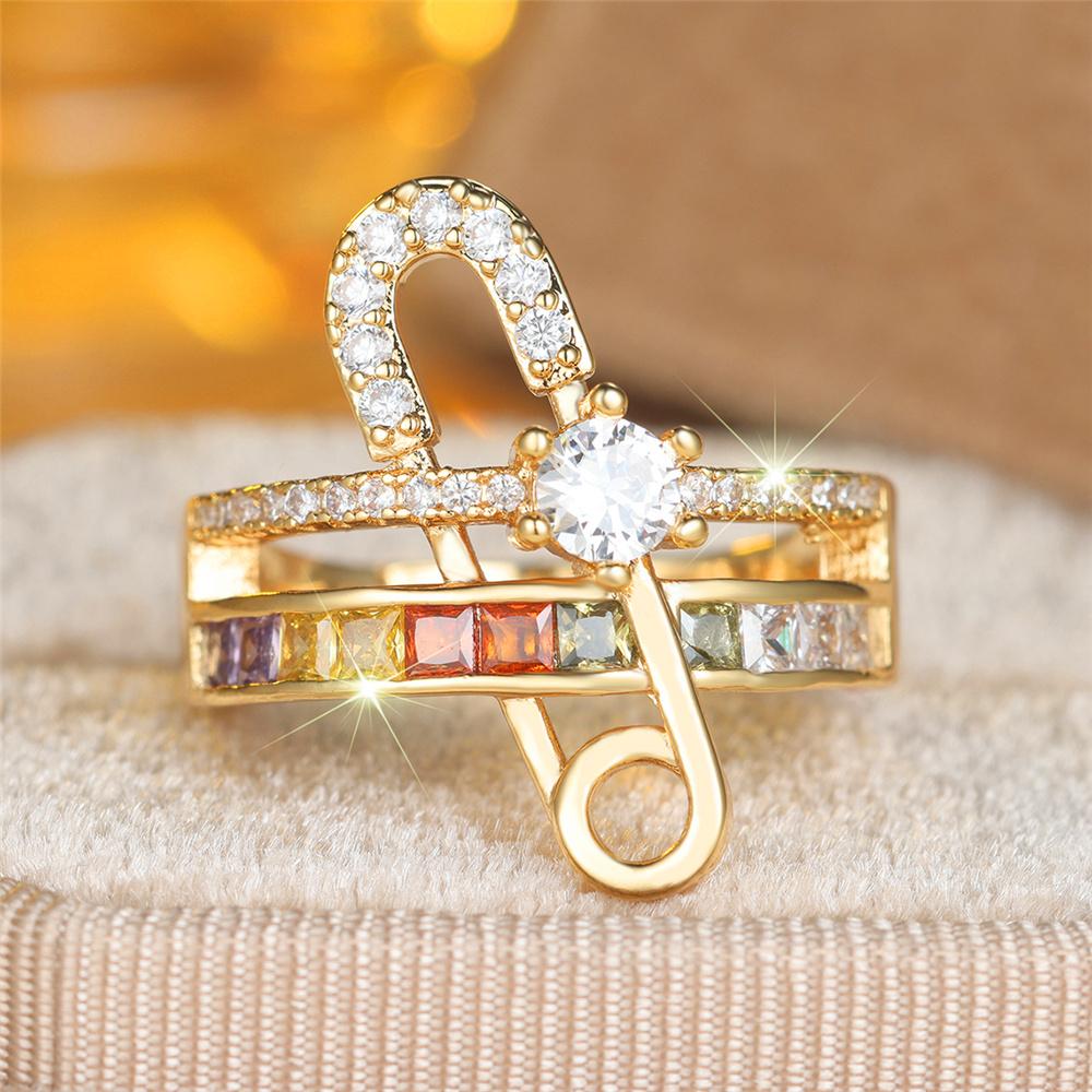 Cute Female White Rainbow Zircon Stone Gold Color Wedding Rings Promise Open Adjustable Engagement  For Women