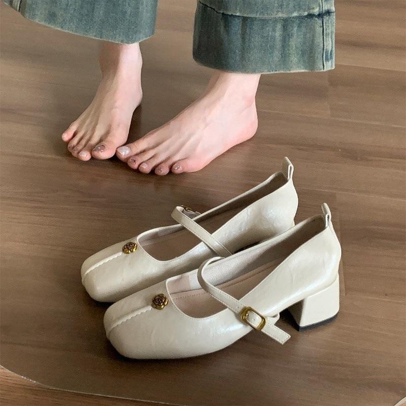 

Blue cabinet version! 4cm thick heel square head Mary Jane shoes spring 2025 new shallow mouth word with red shoes 40