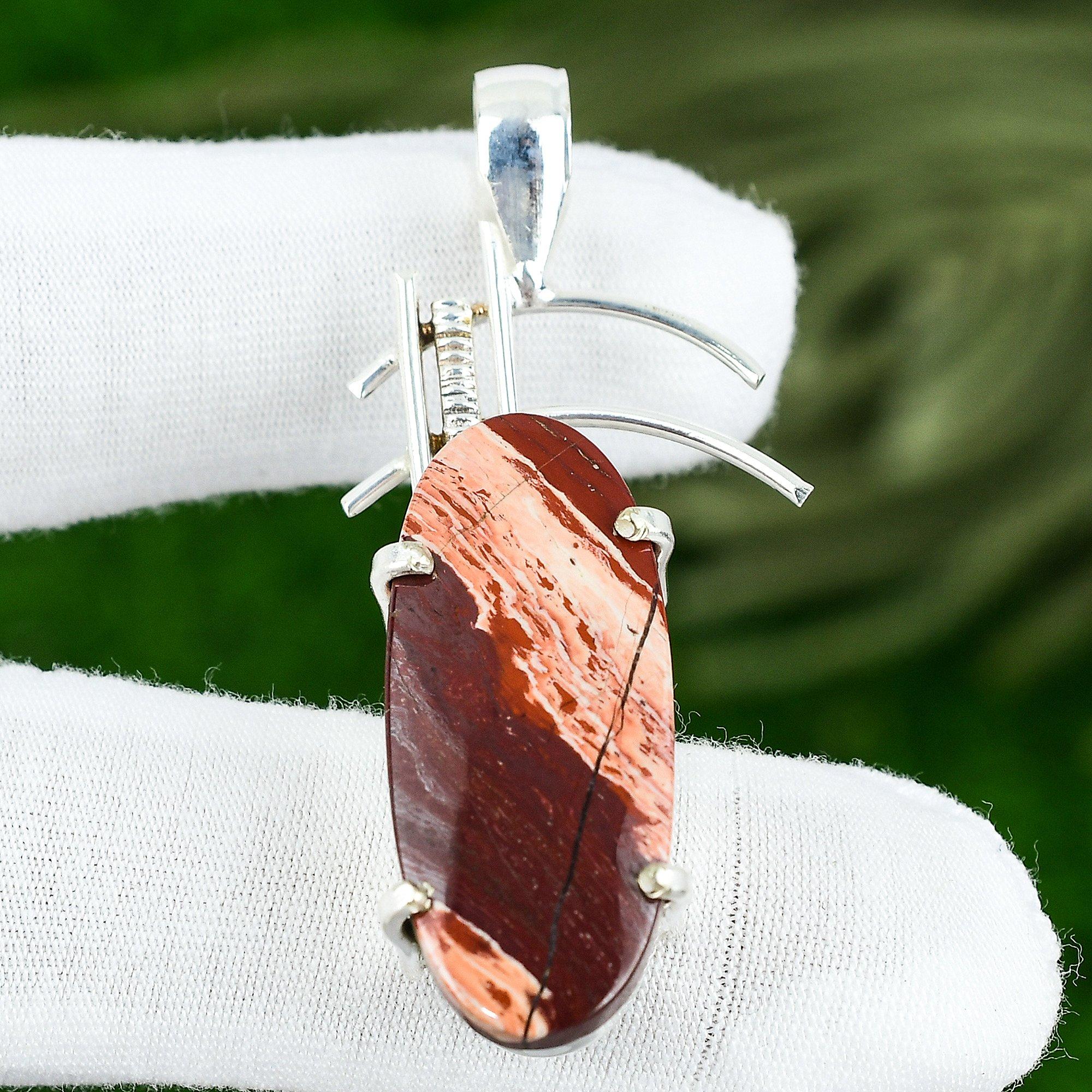 

925 Sterling Silver Red Snakeskin Jasper Stone Bezel Birthday Sister New Pendant
