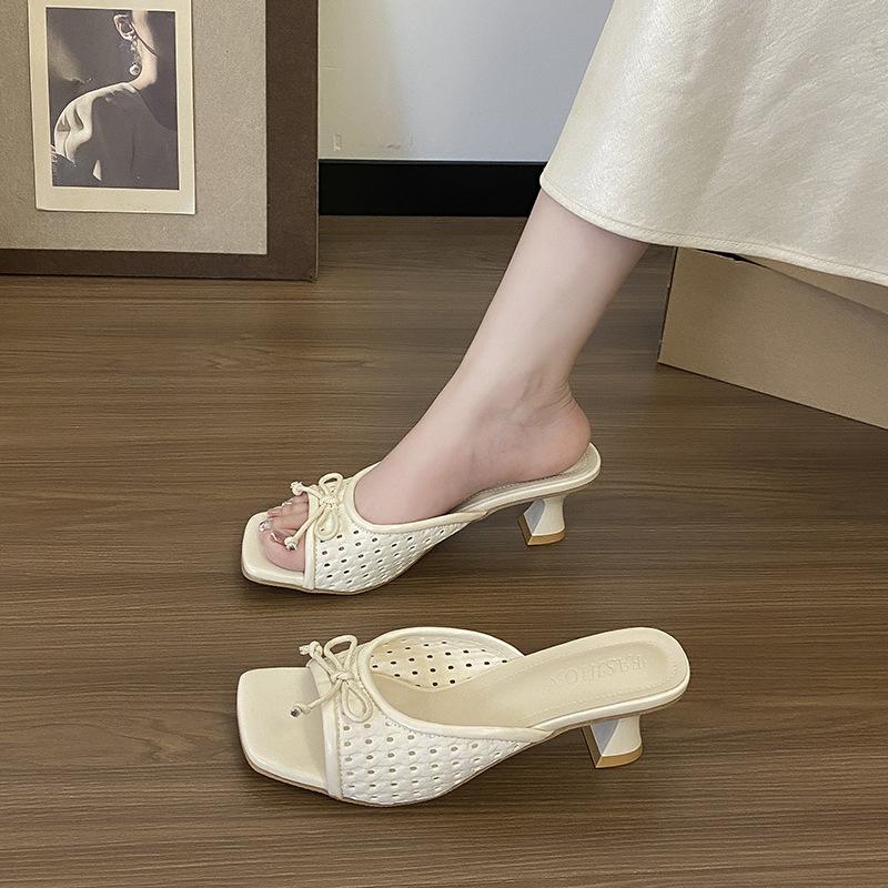 Outer skirt fairy square head French hollow hole female summer bow high heel wind with cool slippers one-word slippers