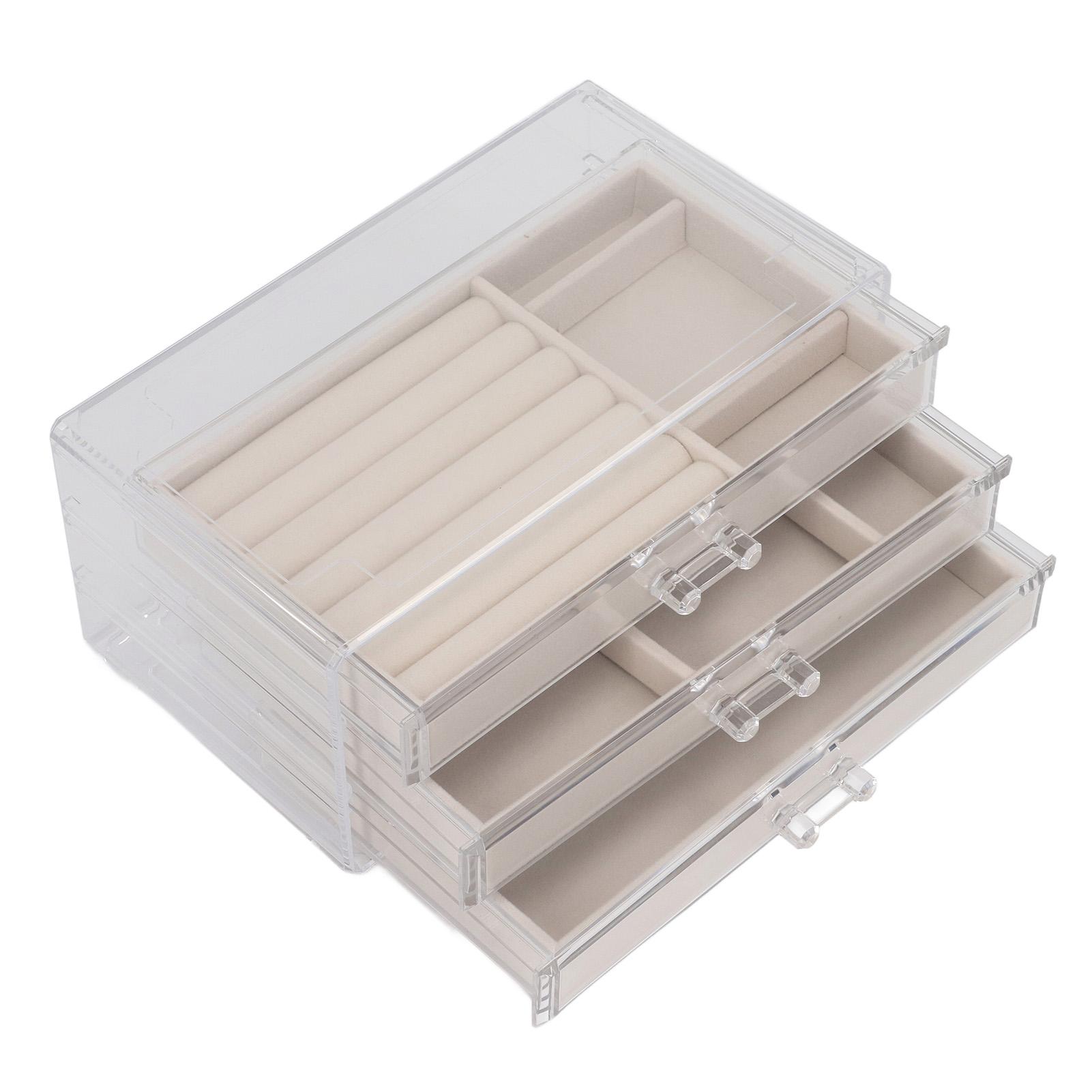 

Прозрачный органайзер для хранения серег с 3 ящиками, подкладка из фланели, подставка-держатель для демонстрации ювелирных изделий для серег, ожерелий, колец бежевый