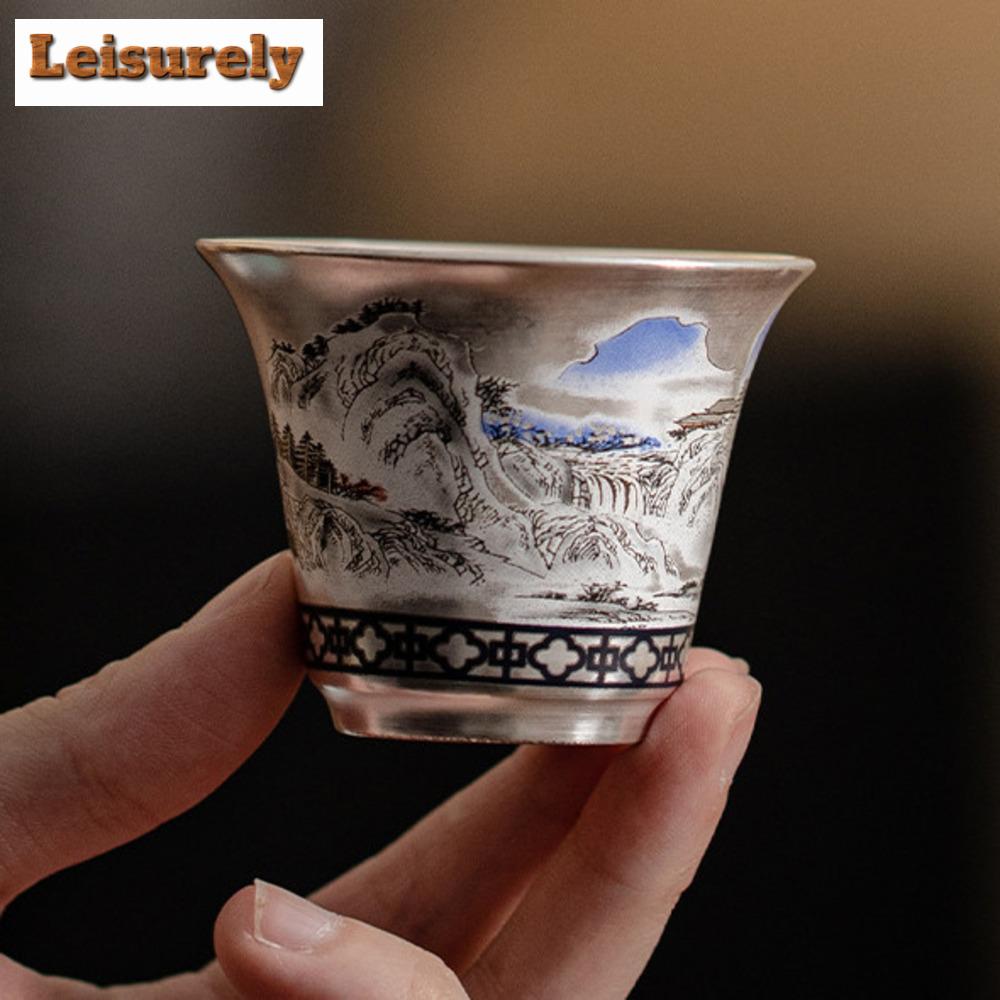 50ml Boutique Beautiful Mountains Waters Teacup Handmade Silver Plated Ceramic Small Cup Personal Master Cup Tea Bowl Drinkware
