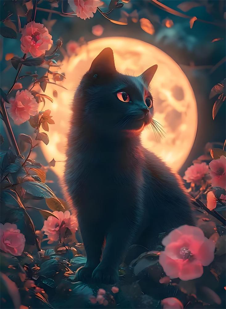 5D Diamond Painting Moon Night Flower Cat Decoration DIY Full Diamond Mosaic Inlaid Cross Stitch Set Gift