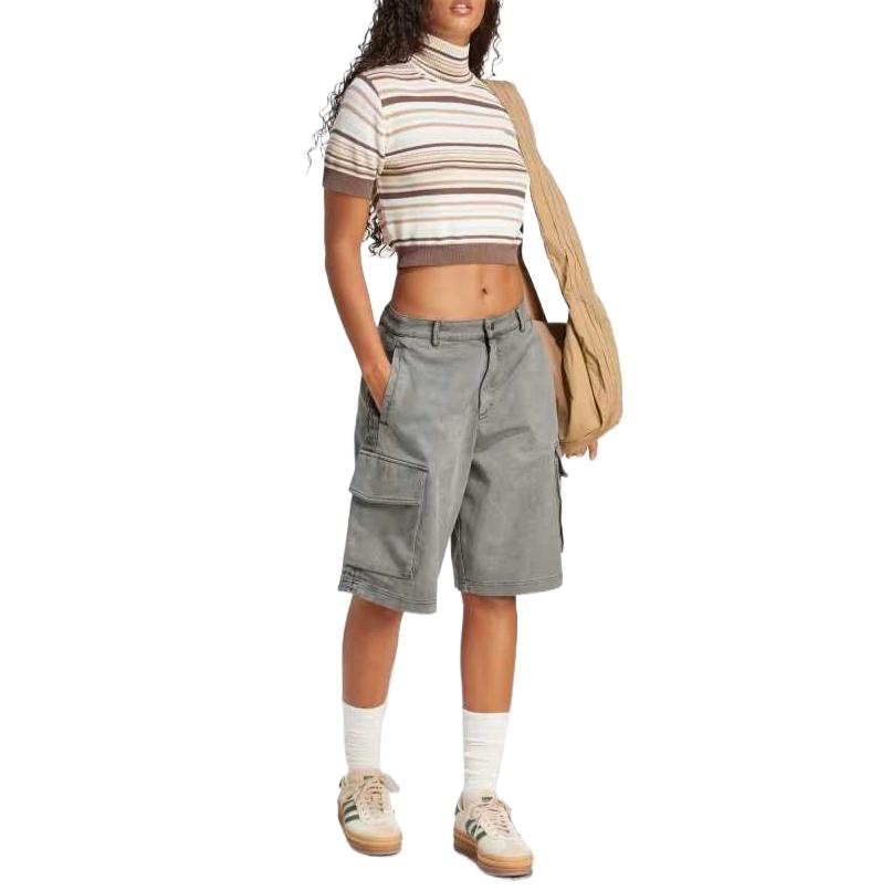 Adidas Cropped Striped Turtleneck Windproof Comfortable Soft Knit Top Women Tops Gray White JD3593