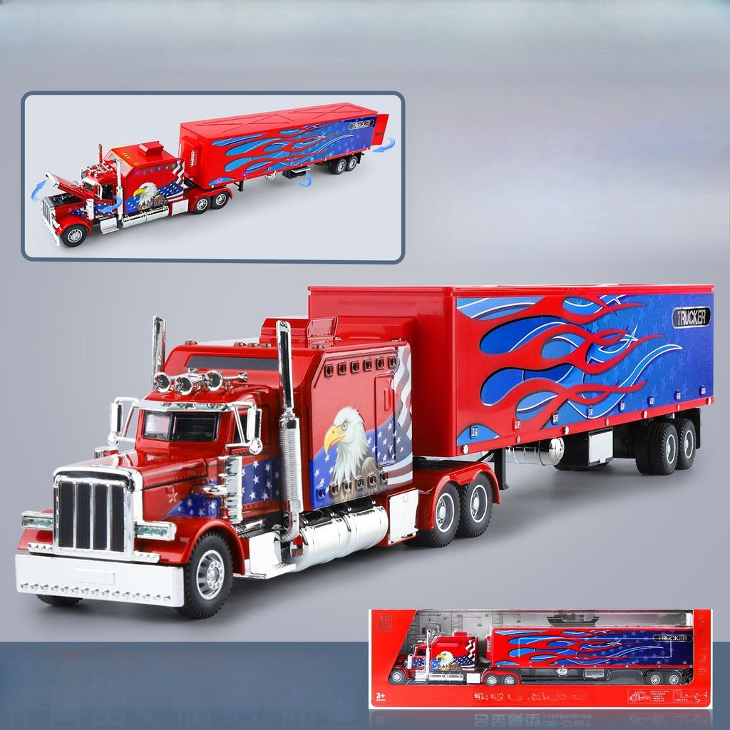 AAZF1 1:24 Amerikanische Schwerlastwagen-Anhänger Sound und Licht Pull-back Auto Kinderspielzeug Simulation Legierung Auto Modell Sammlung Ornament