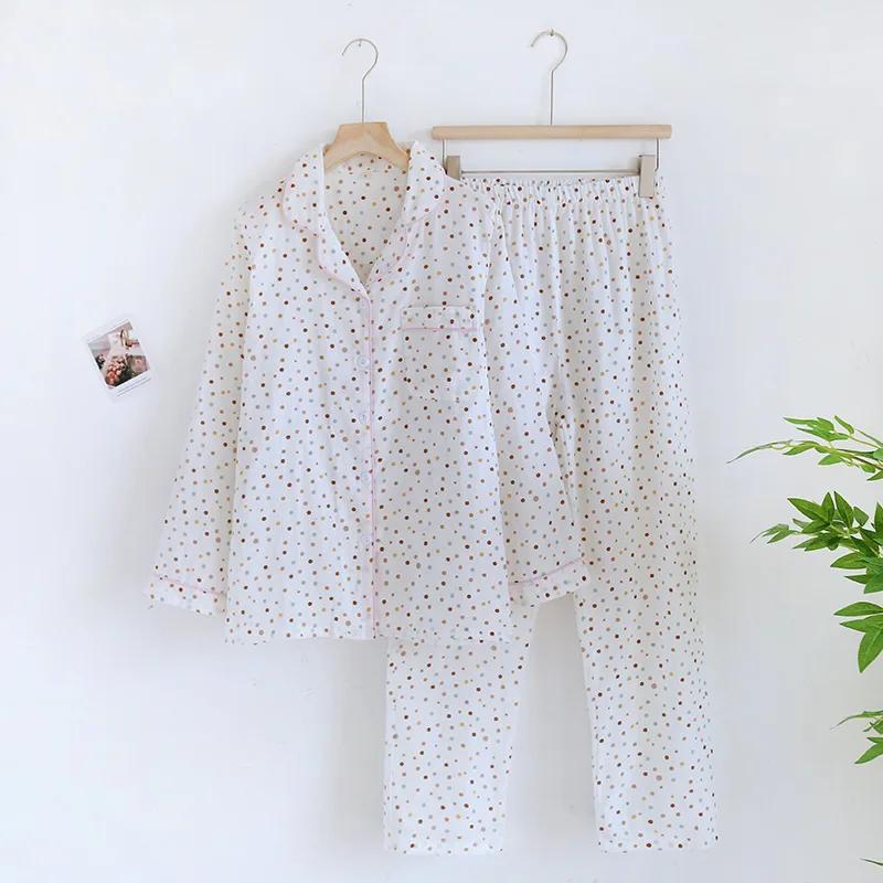 Spring and Summer New Women's Pajamas Set 100% Cotton Double-layer Gauze Long-sleeved Two-piece Set Cartoon Cute and Sweet Home