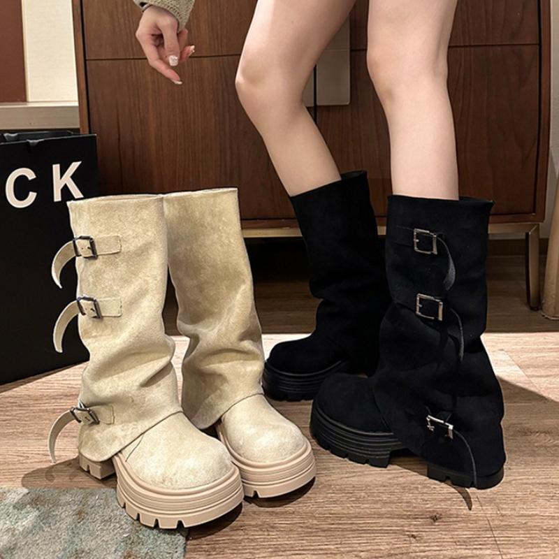 Fashion Winter Fashion Platform Thick Heel Woman Knight Boots Fashion Belt Buckle Slip On Mid Calf Booties