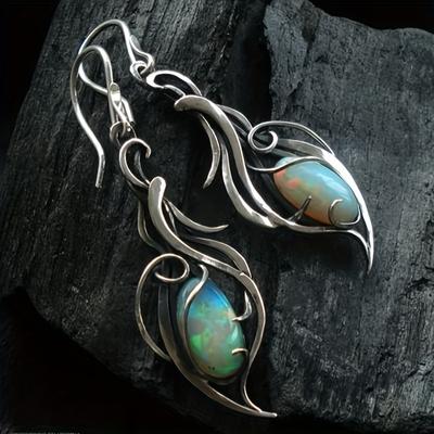 Vintage-Inspired Dangle Earrings - Irregular Oval Shape, Opal Decor, Bohemian Elegant Style, Alloy Silver Plated, Hypoallergenic,