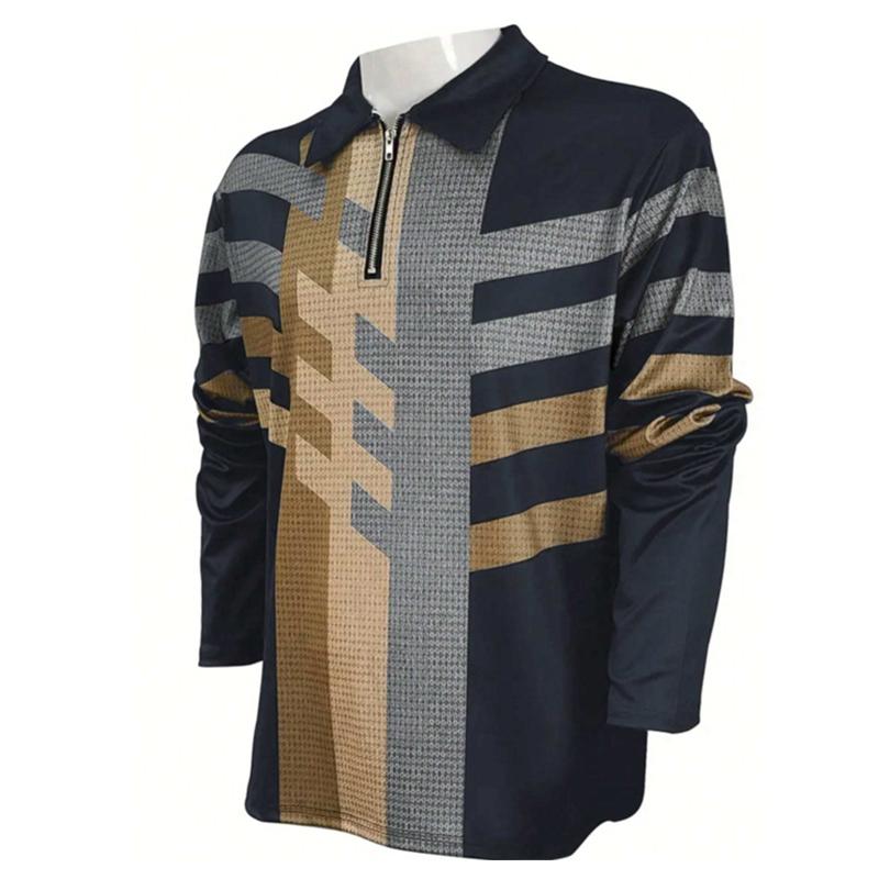 Spring Autumn Men Long Sleeve Turn-down 3D Digital Print Polo Shirt Men Sport Casual Sport Zipper Polo Shirt