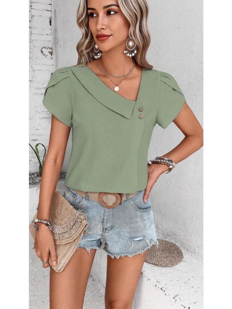 2025 Spring/Summer Women's Amazon Casual Slim-fitting Leisure Knitted Short-sleeved V-neck Top