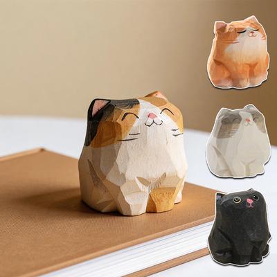Hand Carved Wooden Cat Figurine Cute Kitten Statue Home Desktop Decor Calico Orange Cat Ragdoll Bombay Cat Miniature Craft Gift