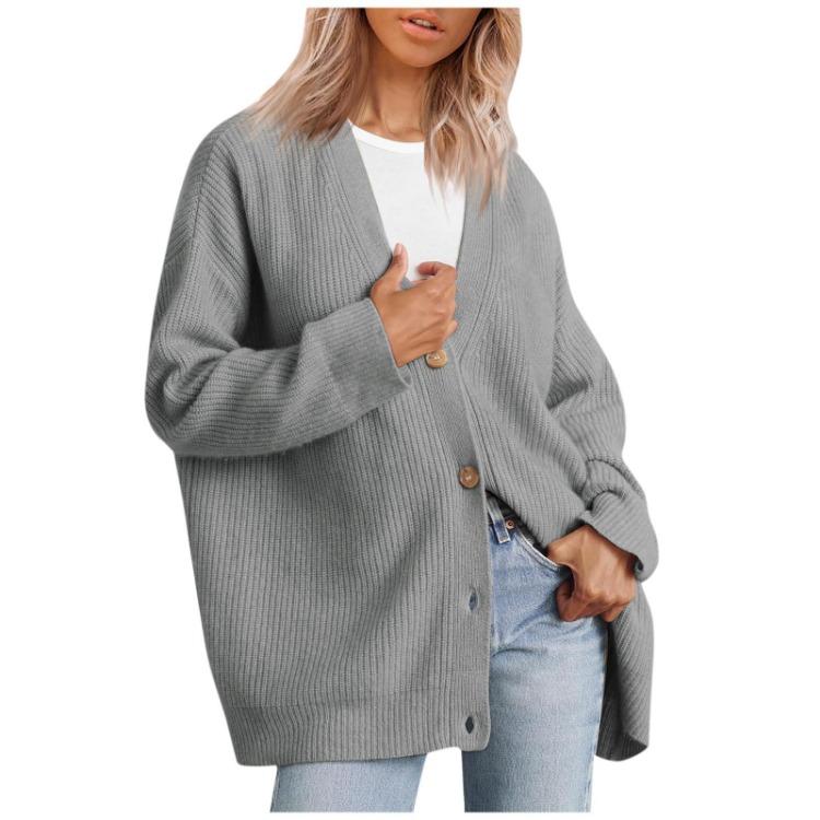 Oversized V Neck Lightweight Women Cardigan Front Button Loose Knitted Sweater Jacket