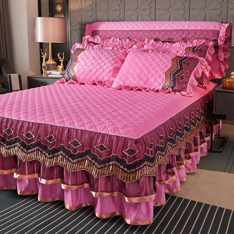 Luxury Padded Quilted Bed Skirt Set with Lace Embellishment Wrinkle & Fade Resistant, Includes 1 Bed Skirt and 2 Pillowcases,