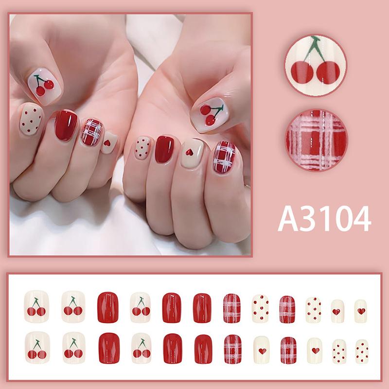 24Pcs Polka Dot Heart Check Cherry Short Square False Nails With Jelly Adhesive Detachable Full Cover Press On Artificial Nails