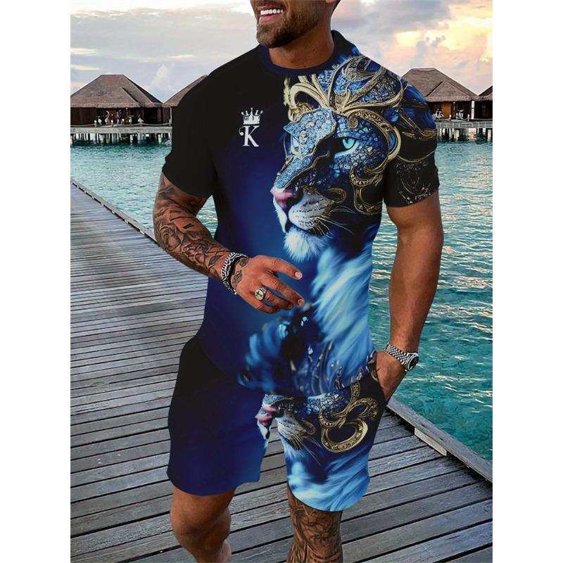 Mens Summer TwoPiece Set Animal Lion 3D Print Crew Neck Short Sleeve T-Shirt & Drawstring Shorts Outdoor
