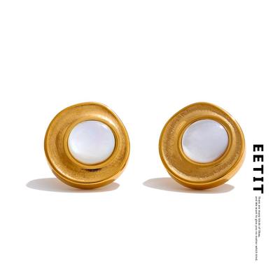 Daily Fashion Vintage Stainless Steel Natural Shell Round Golden Stud Earrings for Women Charm Jewelry Waterproof Plated