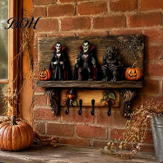 Functional Wooden Key Storage Halloween Holder, Lady Ghost Holder with 4 Hooks, Wall Home Decor Mounted Spooky Rack Organizer for Entryway Hallway