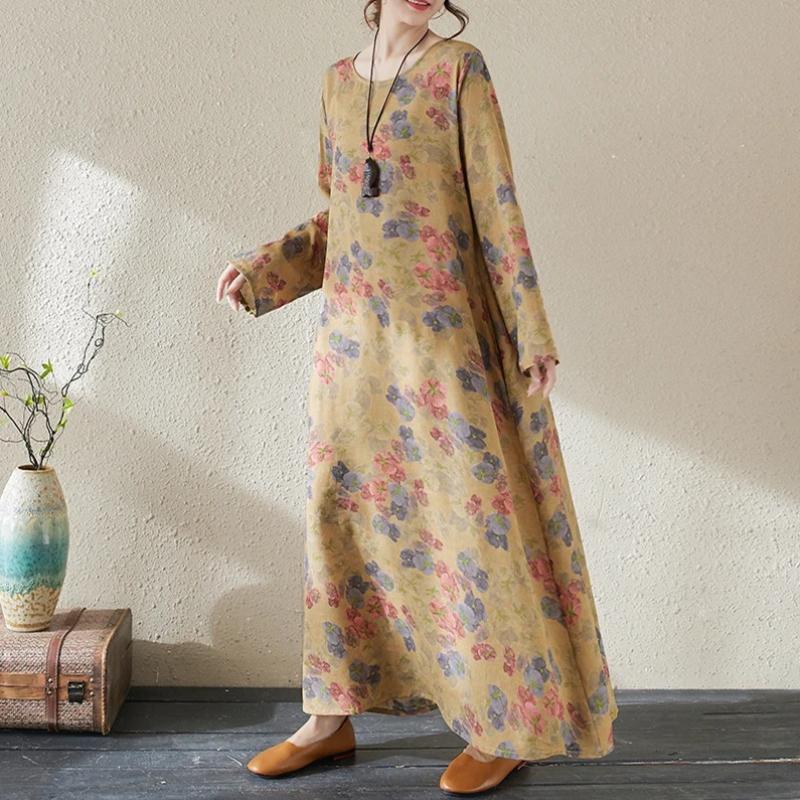 Spring Cotton Vintage Long Sleeve Print Dresses For Women Casual Loose Dress Femme Robe Vestidos Elegant Clothing