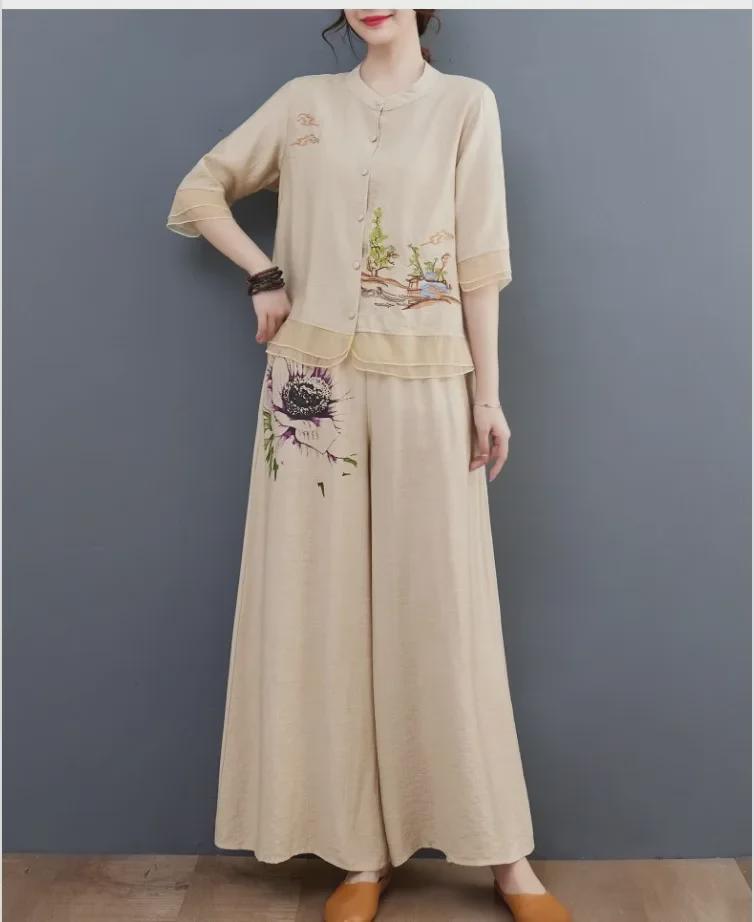 Costum de vară elegant din două piese: Top din bumbac-in brodat cu pantaloni largi pentru femei de vârstă mijlocie