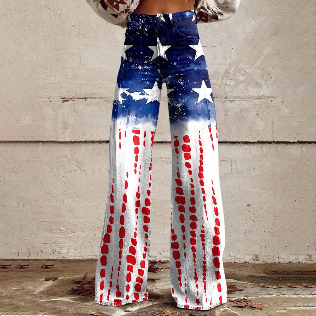 Wide Leg Flare Jeans For Women With Pockets Baggy Pants Vintage Floral Print High Waisted Loose Pant