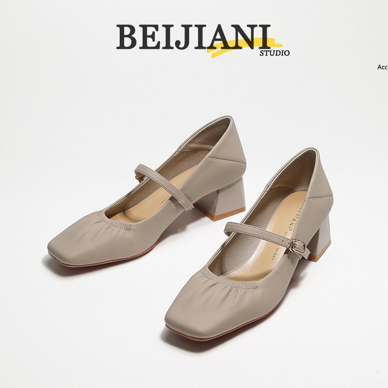 BEIJIANI Mary Jane na grubym obcasie ze skóry owczej - Damskie miękkie skórzane buty z jednym paskiem