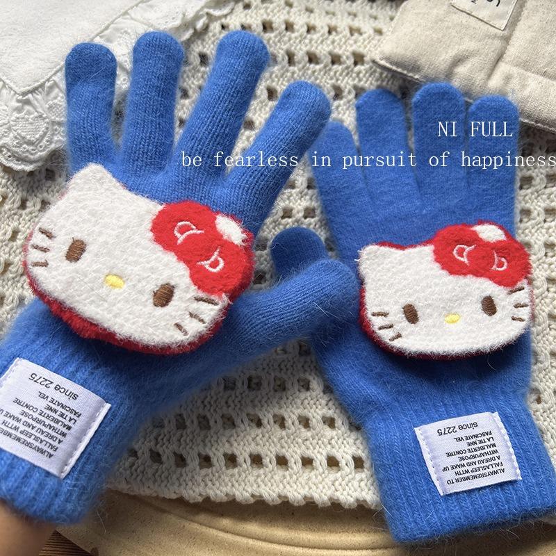 Miffy Rabbit sea salt blue bone girly gloves, cute plush and faux mink, warm split-finger gloves for women