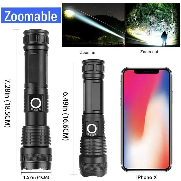 High Power 4-Core XHP50 LED Flashlight Type-C Rechargeable Torch Zoom Hand Lantern 18650 For Camping, Outdoor & Emergency Use