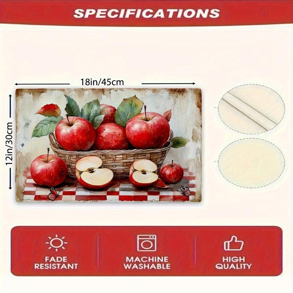4pcs Apple-Themed Placemat Set - & Green Apple Design Linen Table Mats, 12x18 Inch Large Dining Table Protectors Suitable for Kitchen, Dining Room