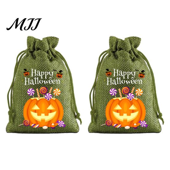 Small Storage for Candies 2Pcs Halloween Pumpkin Drawstring Bags Candy Treats, Retro Burlap Pattern Party Favors Trick or Treat Bags, Portable Goodie
