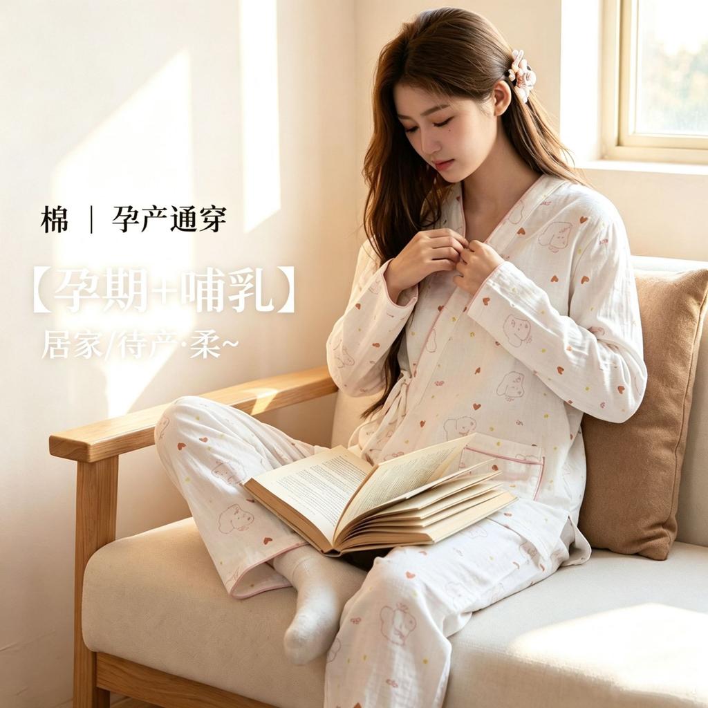 New cotton gauze cute teddy confinement suit spring and autumn summer thin pregnant women postpartum breastfeeding pajamas cover