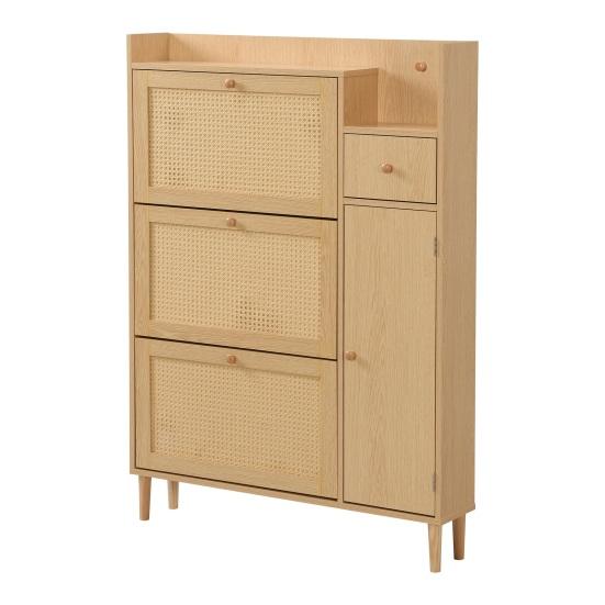 Free Standing Shoe Cabinet with 3 Tilt Doors 1 Drawer Wood Handles Solid Legs Space Saving No Burrs Small Closed Style Shoe Organizer Furniture