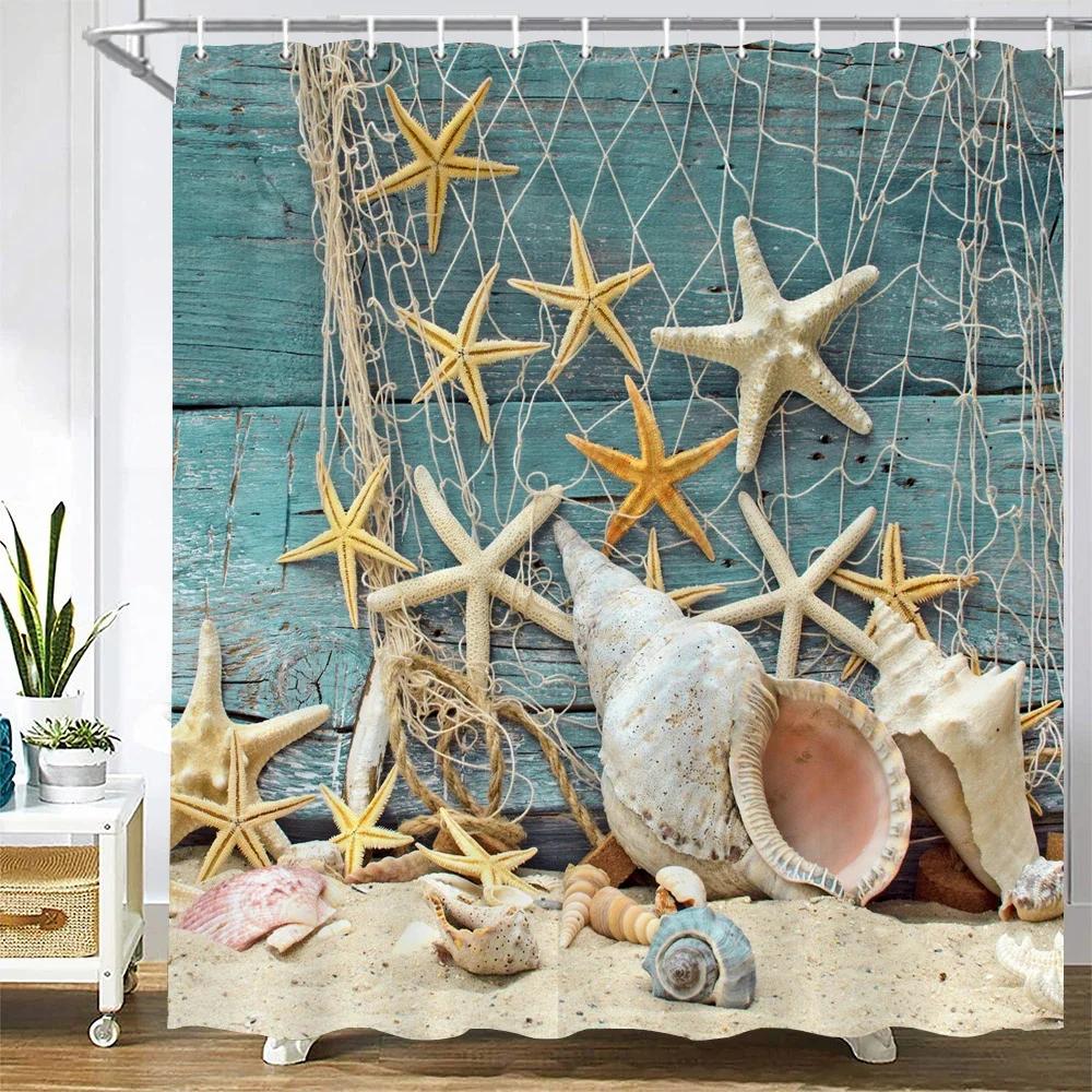 3d Printing Sea View Beach Shell Sea Surf Shower Curtains  Bathroom Curtain Waterproof Polyester Cloth With Hook Bath Home Decor