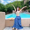 New Short Floral Suspender Vest Spice Girl Top + Design High Waist and Thin Blue and White Striped Skirt