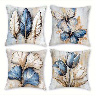 Four Exquisite Pillowcases with Blue and White Floral and Feather Art Prints Sofa Cushion Cover Home Room Decoration