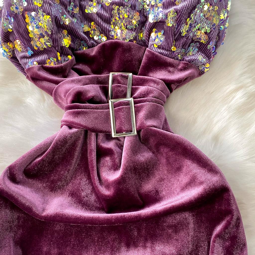 Summer Women Vintage Spaghetti Strap Sequined Velvet Long Midi Slim Bodycon Party Fishtail Dresses